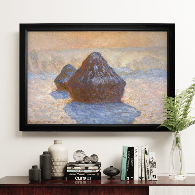 « haystacks white » par claude monet, reproduction de peinture à l’huile, H 27 po x l 39 po x P 2 po, Cadre noir