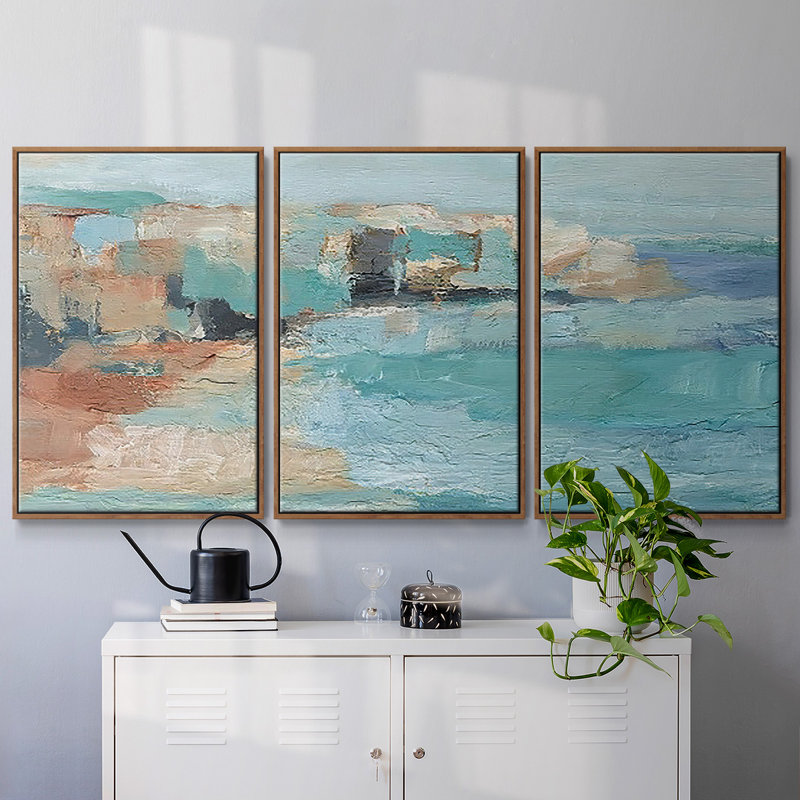 Turquoise Cliff Wall I - Toile encadrée multi-pièces, H 36 po x l 75 po x P 2 po, Noyer