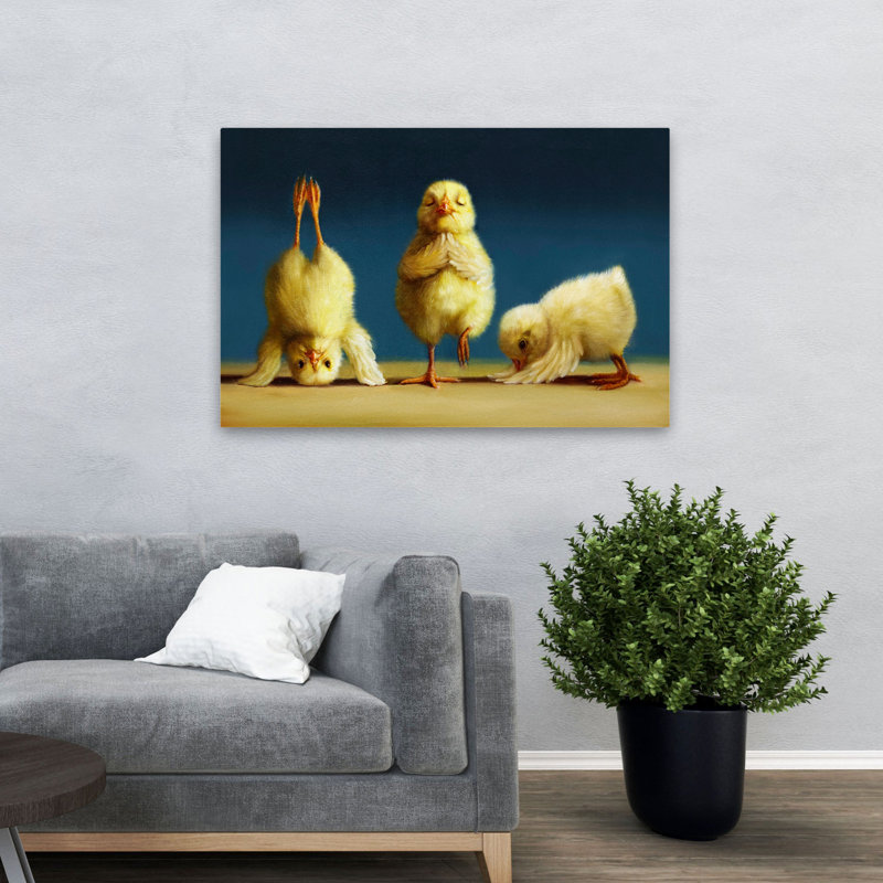 Poussins de yoga - animaux, fantaisie urbaine et pop surréalisme, H 32 po x l 48 po