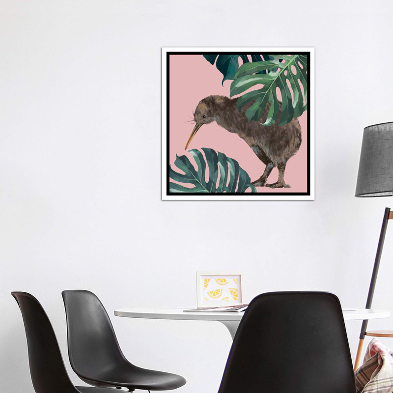 Kiwi oiseau avec monstera art, H 26 po x l 26 po x P 1,5 po, Toile blanche encadrée
