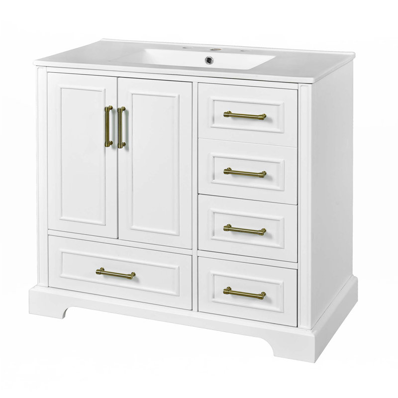 Meuble-lavabo traditionnel 36 "avec lavabo en céramique, Blanc, Doré