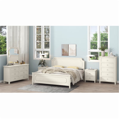 Ensemble de chambre à coucher en bois d'hévéa massif 6 pièces avec lit plateforme, table de chevet x 2, commode, miroir et commode)