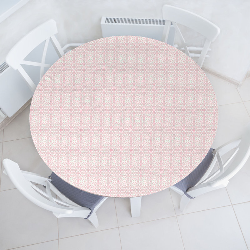 Ebern Designs Abstract Fitted Round Tablecloth Pale Pink Rose and White, 51.97" Round