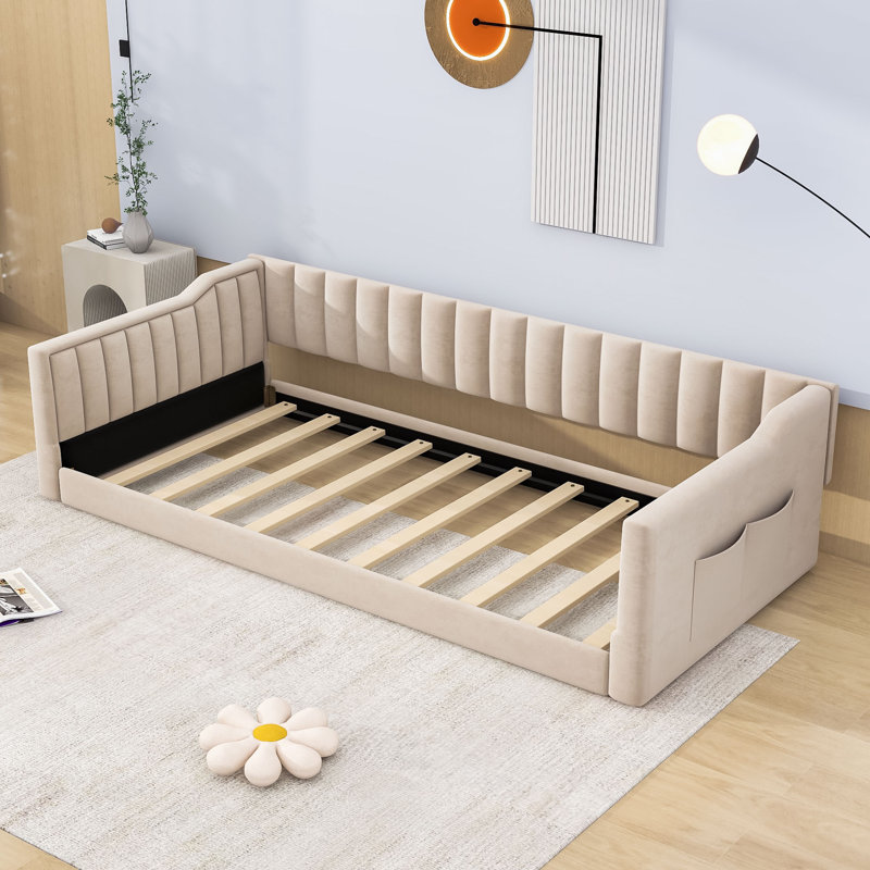 Murdoch Velvet Upholstered Daybed with Side Storage Pocket, Beige, Twin XL