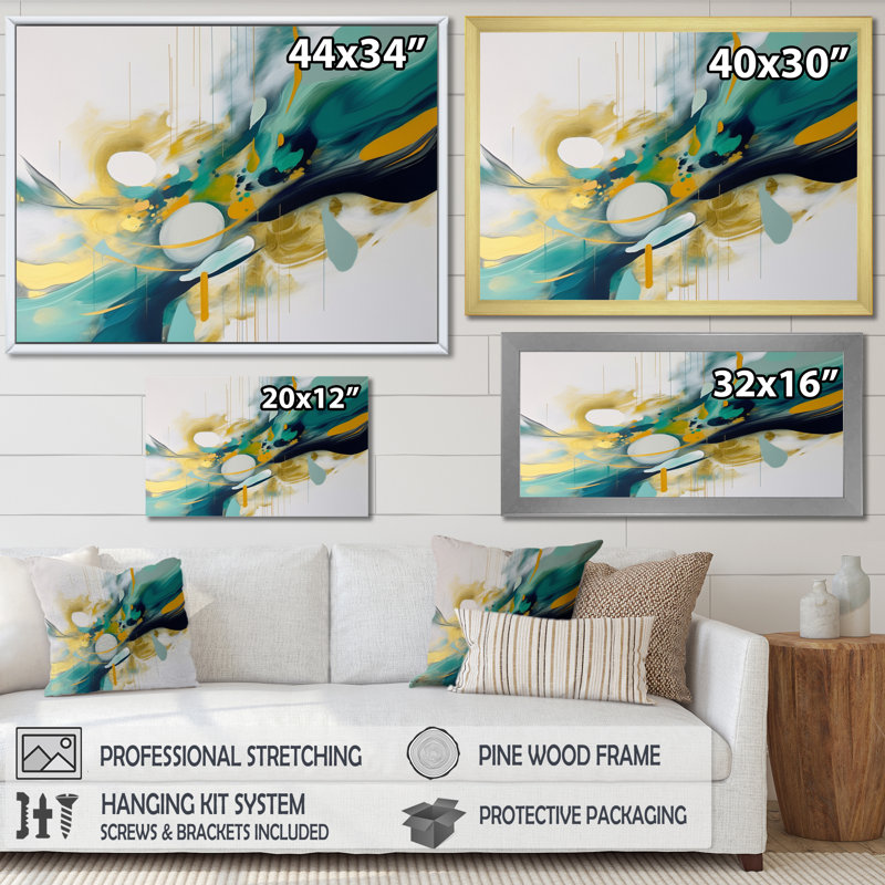 Jaune et turquoise, ordre complexe II sur toile, H 30 po x l 40 po x P 1,5 po, Toile tendue