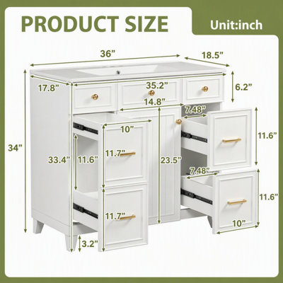 Bathroom Vanity with Ceramic Sink, Soft Close Doors, Adjustable Shelves, 3 Drawers