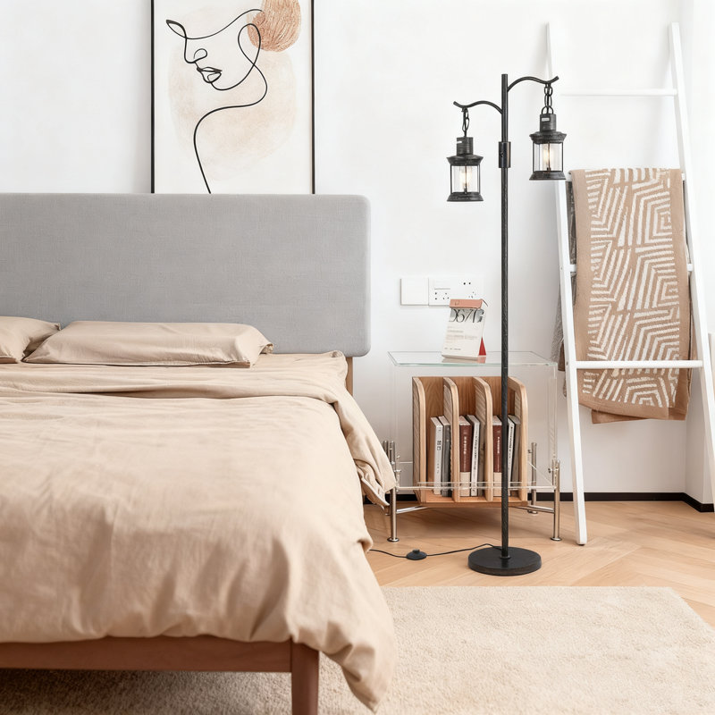 Vintage Dimmable Floor Lamp With 2 Lanterns - Rustic Farmhouse Standing Lamp For Living Room, Bronze Gold Finish Tall Corner Lamp, Modern Traditional Lighting