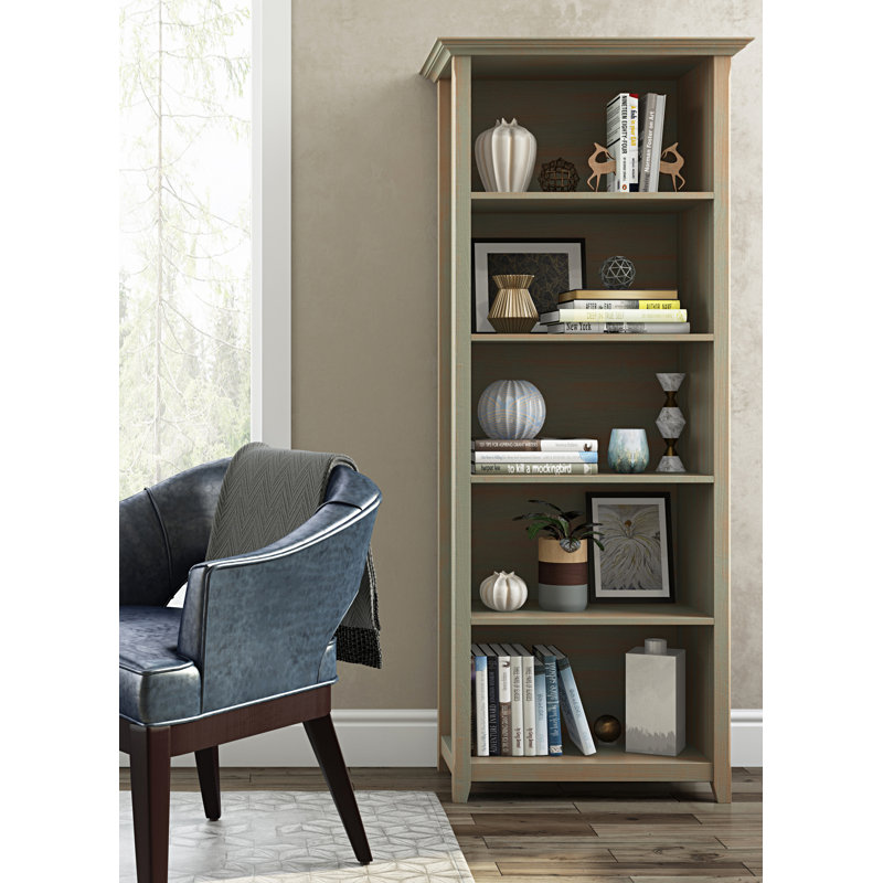 Amherst 30"W Solid Wood 5 Shelf Bookcase with Adjustable Shelves, Distressed Gray