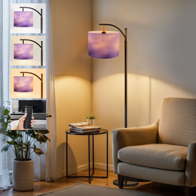 Arc Floor Lamp Lavender soft purple foil leaf glass effect for web use art Tall Modern Standing Lamp LED Adjustable Linen Lampshade 3 Color Temperatures
