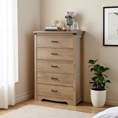 Farmhouse 5 Drawer Dresser For Bedroom, 31.4" Tall Dressers & Chest Of Drawers, Rustic Wood Dresser With Metal Handle, Storage Organizer Closet For Living Room