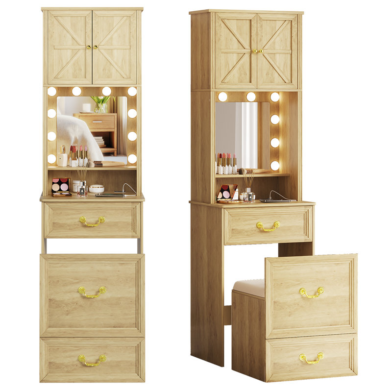 Dressing Table with Mirror, Beige