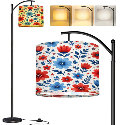  Lampe sur pied arc rouge et bleu à motif floral dessiné à la main, grande lampe sur pied moderne, abat-jour réglable en lin à 3 couleurs
