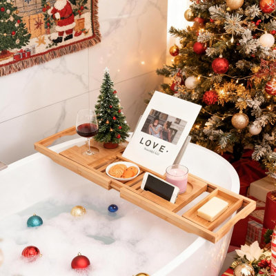 Plateau de rangement en bambou pour baignoire, plateau de baignoire, support de rangement pour baignoire de salle de bain réglable, avec livre, tablette, verre à vin et porte-serviettes