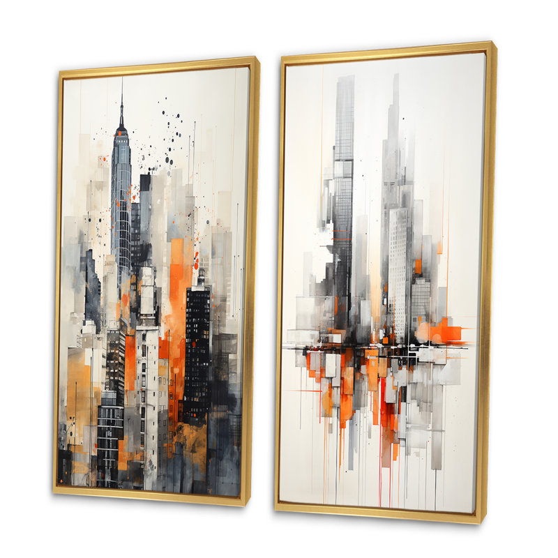 2 pièces sur toile - Orange, gris, minimalisme urbain, rythme, Encadrement doré, H 40 po x l 40 po