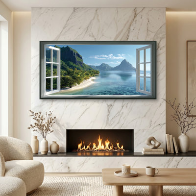 Art mural sur toile de bord de mer côtier - impressions sur toile de grande fenêtre ouverte avec des peintures de paysage de mer et de montagne turquoise, œuvre d'art horizontale pour le salon, la chambre et la décoration intérieure