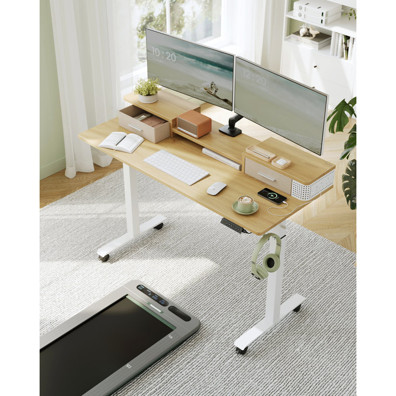 Arrihanna Adjustable Height Steel Standing Desk with Built-In Electrical Outlet, White, Beige