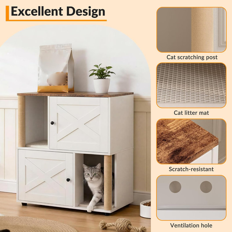 Enceinte de litière double pour 2 chats, meubles cachés pour chat avec poteaux à griffes et tapis de litière double couche