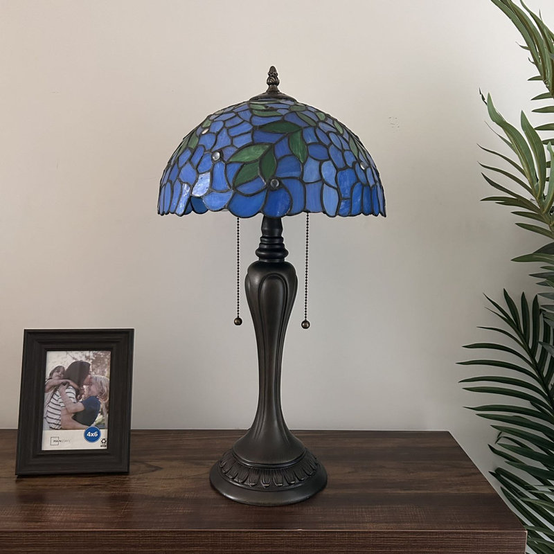 Hallmar Tiffany Table Lamp Blue Stained Glass Green Leaves Included LED Bulbs 22" H*12"W