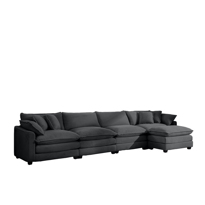Corduroy Sofa with 1 Footrest, Gray Corduroy, 33.85"H x 149.6"W x 34.25"D