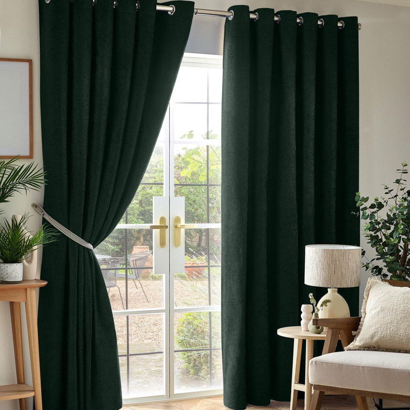 Eilfried Chenille Ring Top Eyelet Curtains, 117cm Width x 137cm Drop, Green