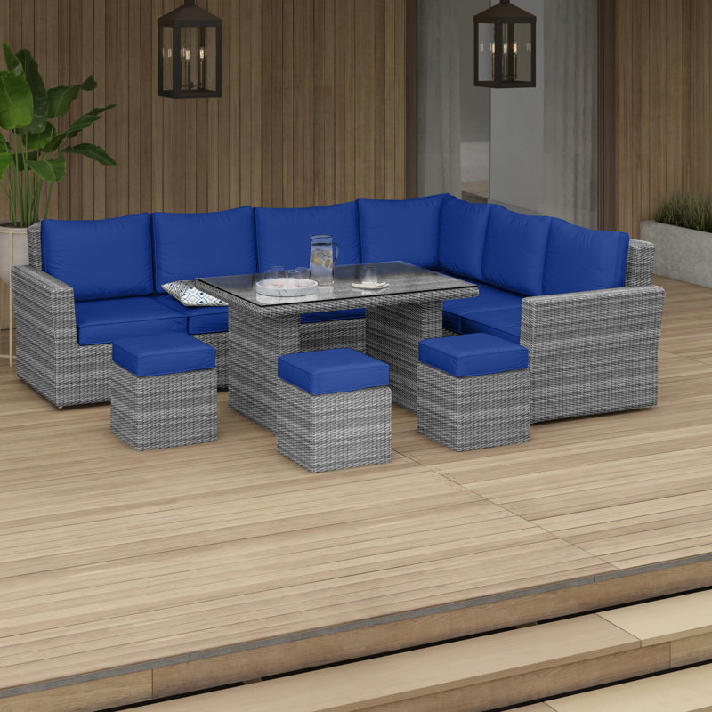Dengler 9 - Person Modular Patio Conversation Set with Cushions, Grey Frame/Navy Blue Cushion