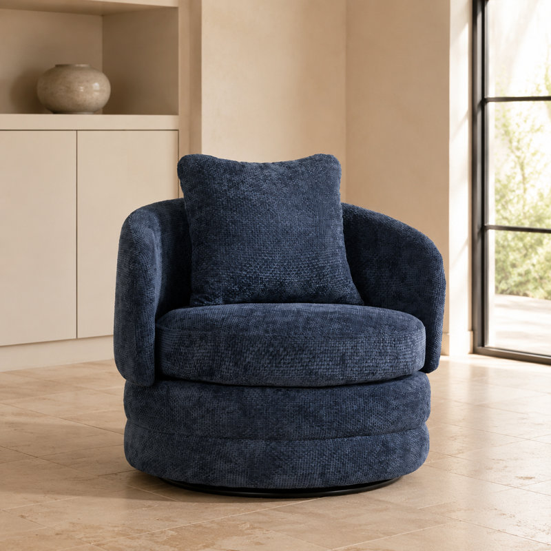 Fauteuil d'appoint moderne pivotant en tonneau avec coussin, fauteuil club rembourré en chenille, siège simple confortable avec dossier incurvé et base en métal