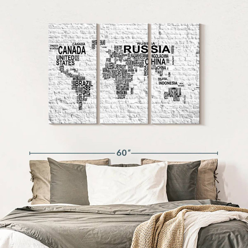 Carte du monde en brique sur 3 pièces, H 32 po x l 50 po x P 1,25 po