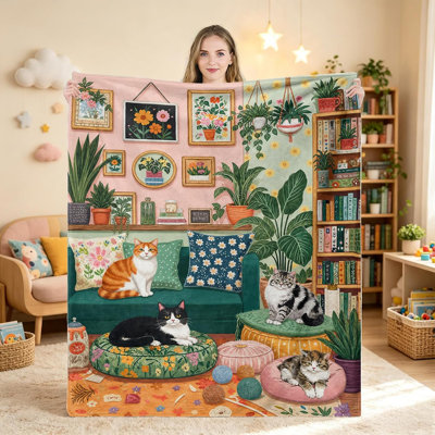 Boho Cute Cat Throw Blanket, 40 x 50 in