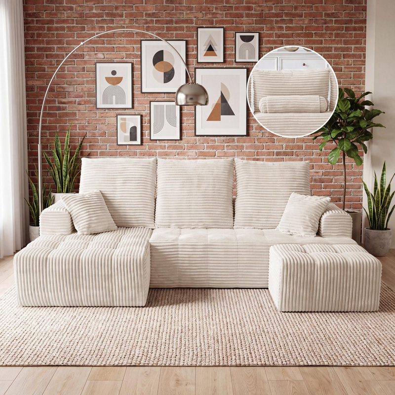 Canapé d'angle modulaire compressé en forme de U de 277 cm de large avec méridienne et pouf, 3 pièces, revêtement en velours côtelé, assise profonde, ressorts ensachés et 5 coussins pour salon, aucun assemblage requis, beige