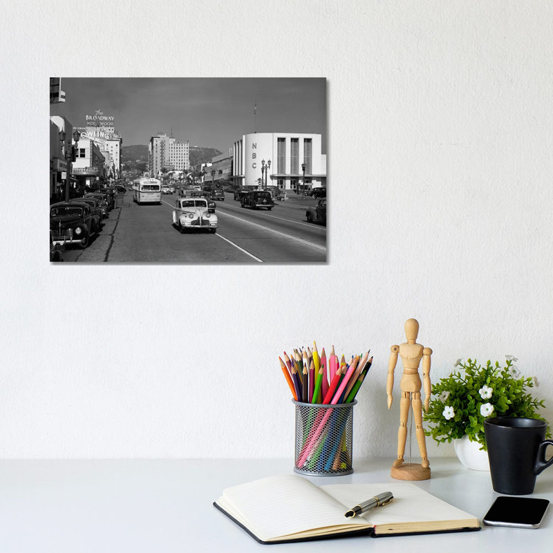 1940s Street Scene View Down Vine Street NBC Studio The Broadway Hotel Near Sunset Boulevard Hollywood Los Angeles USA - Wrapped Canvas Print