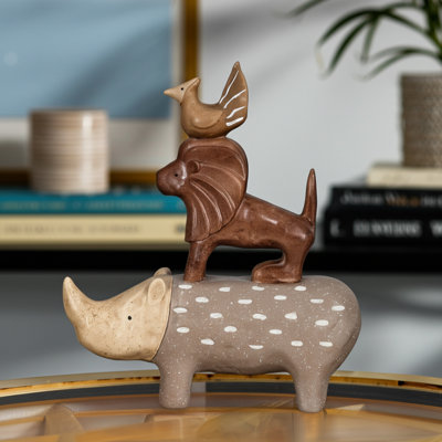 Figurine empilée «Playful Animals» - sculpture fantaisiste avec détails artistiques - objets décoratifs décoratifs pour la décoration de table, brun clair et brun