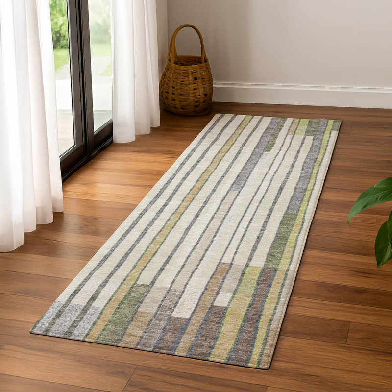 Premium Machine Washable Mayfield AMF2189 geometric Rug, 2'3" x 7'6" Runner, Olive