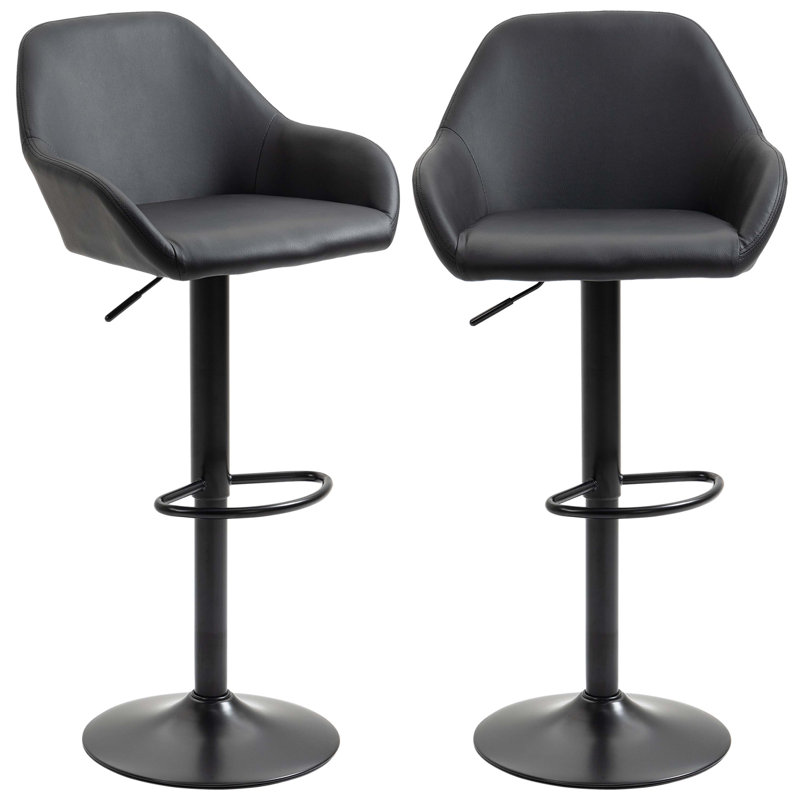 HOMCOM Adjustable Bar Stools, Swivel Counter Height Barstools with Footrest and Back, PU Leather and Steel Round Base, for Kitchen Counter and Dining Room, Set of 2, Black