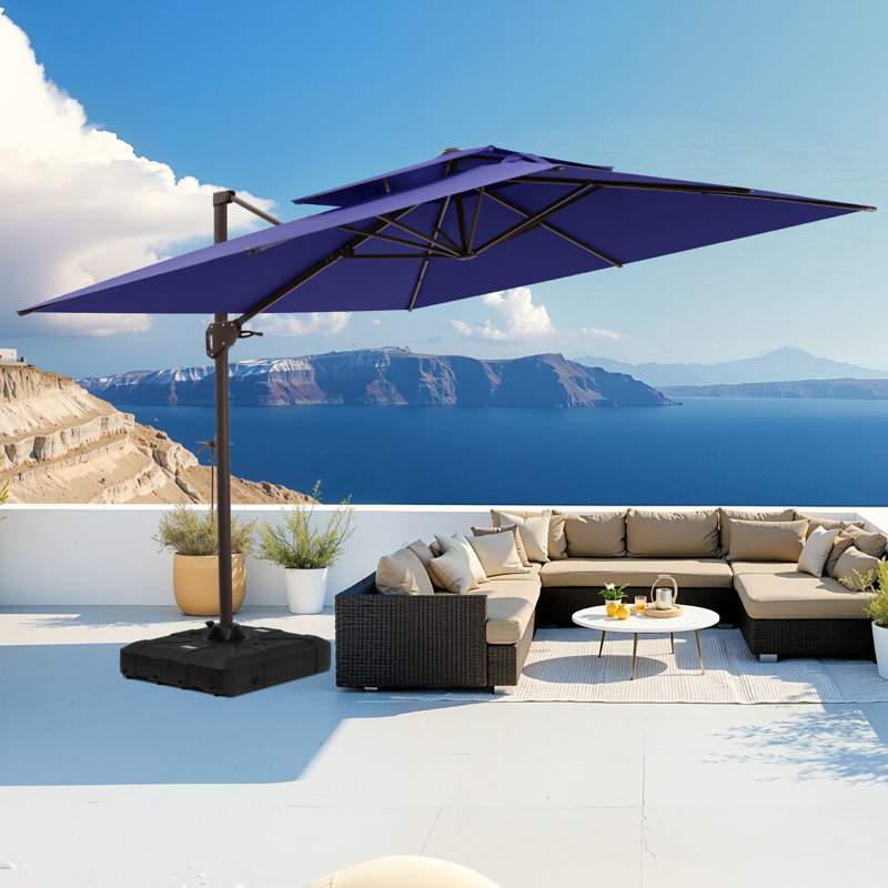 10' Square Double Top Patio Cantilever Umbrella, Weighted Base Included, Navy Blue