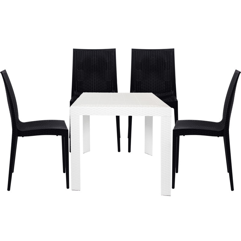 Ensemble de salle à manger d'extérieur 5 pièces avec table carrée et 2 chaises d'appoint, Noir, blanc