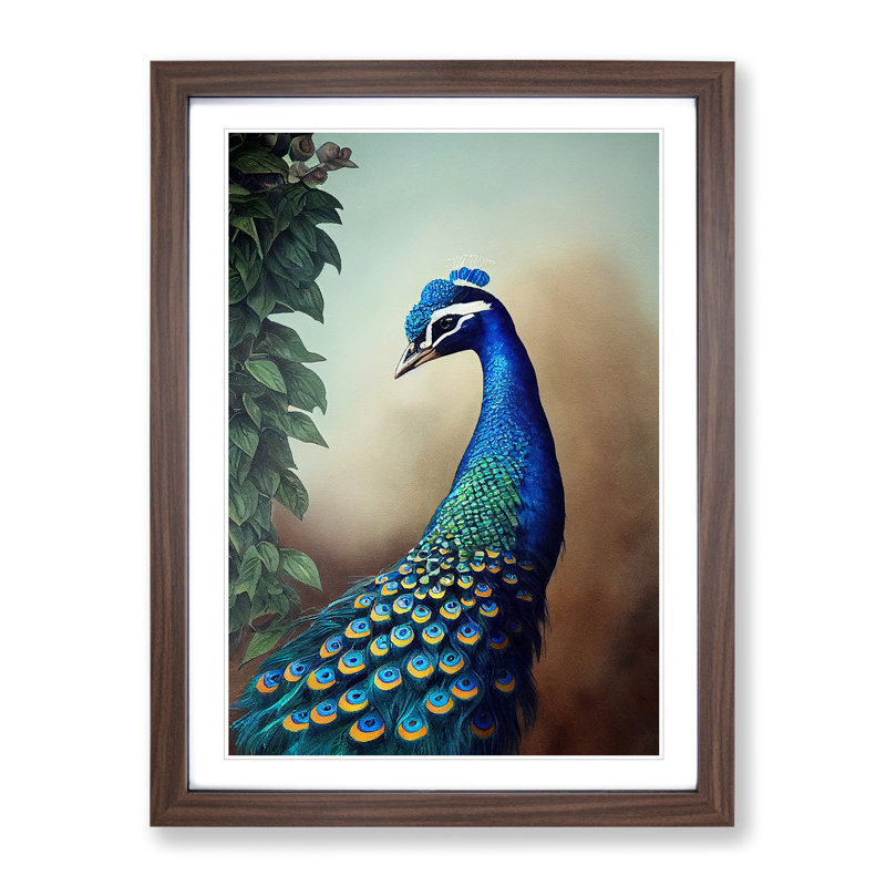 Peacock View No.2 - Wall Art, 66cm H x 48cm W, Walnut Framed Paper, White