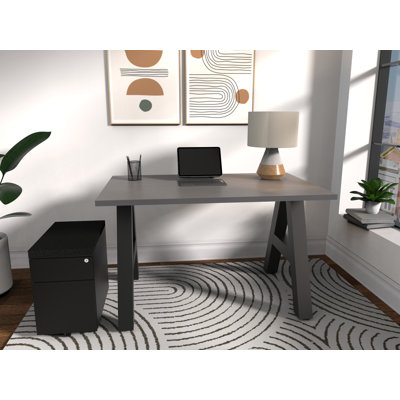 Serenity Modern A-Frame Executive Writing Office Desk, with Cushion Top Mobile Storage, 48x24, Grey Strand Top