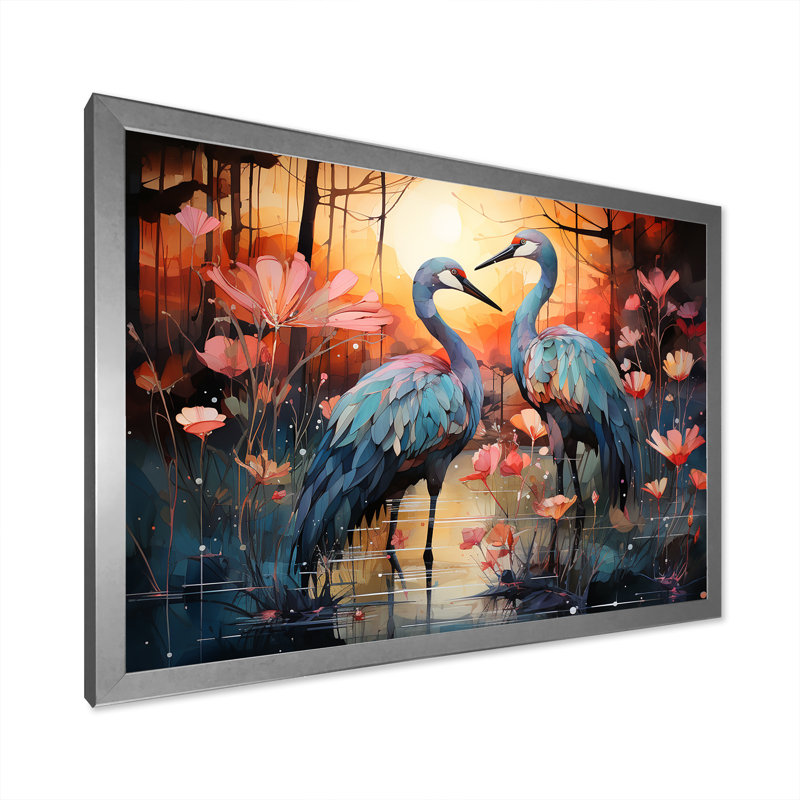 Flamant crépuscule sur toile, Cadre simple argenté, H 30 po x l 40 po x P 1,5 po