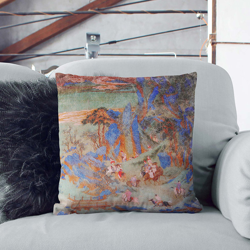 Emperor Minghuang's Journey by Qiu Ying Cushion with Filling, 55cm H x 55cm W x 20cm D, Black