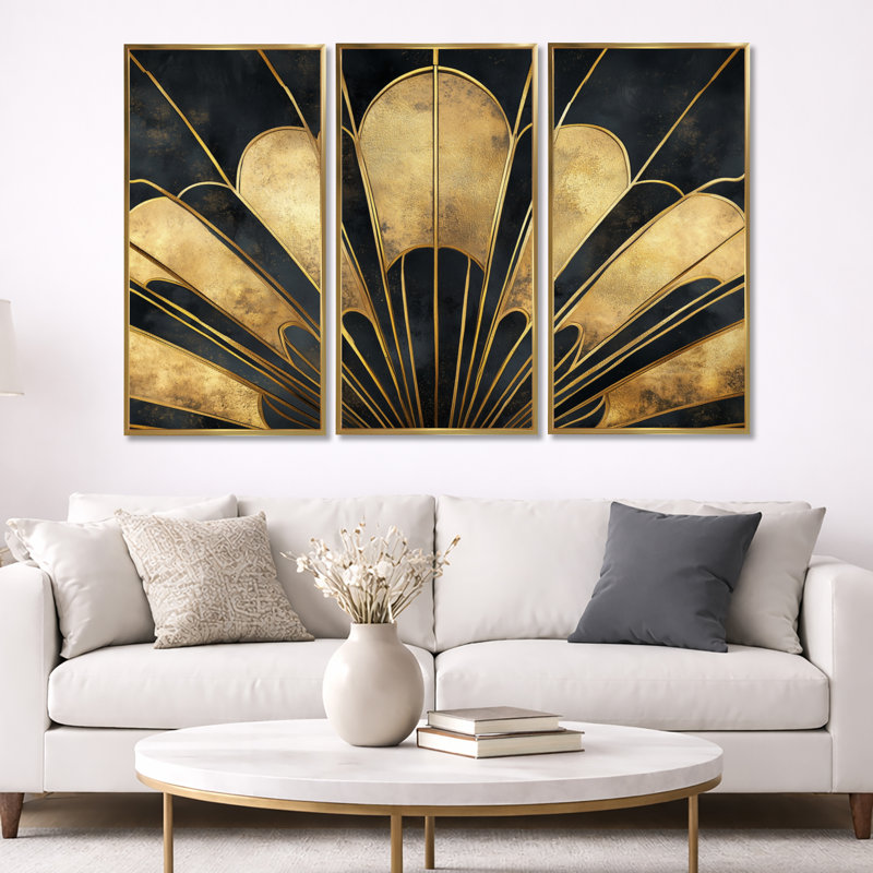 Toile géométrique dorée, art mural Art déco - ensemble d'art mural sur toile encadré 3 pièces Ean, H 40 po x l 60 po