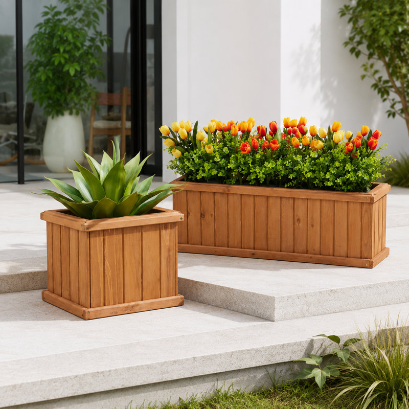 2-Piece Cedar Wood Outdoor Planter Box Set with Drainage, 15-Inch Square and 40-Inch Rectangular, Brown