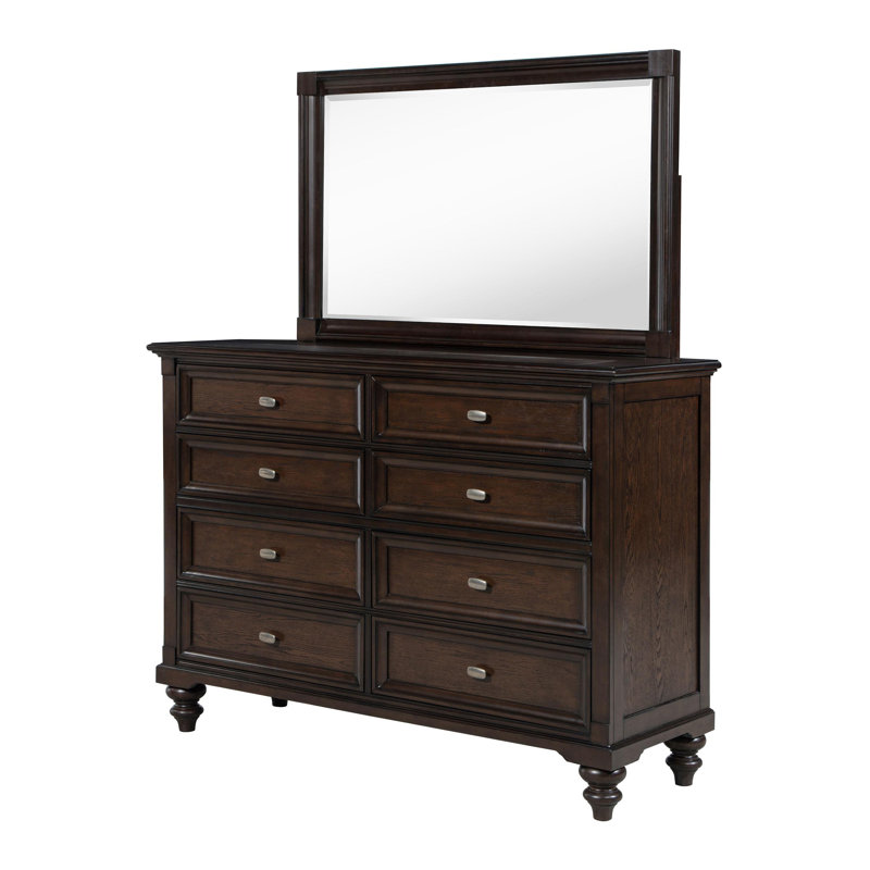 Commode 8 tiroirs et miroir chêne foncé