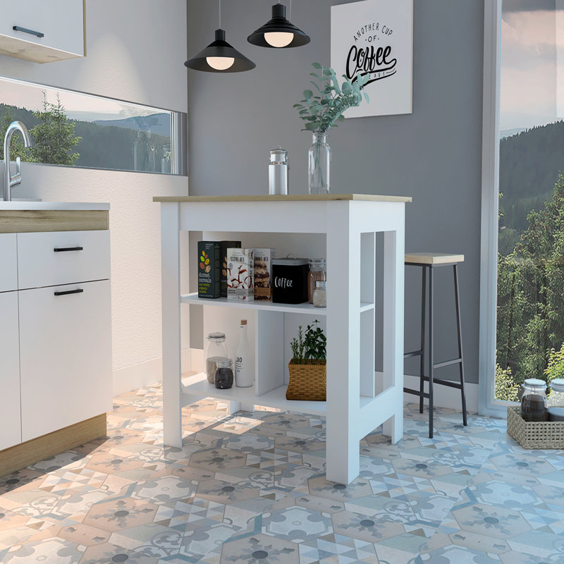 Kitchen Island Antibacterial, Three Shelves, Four Legs, White/Natural