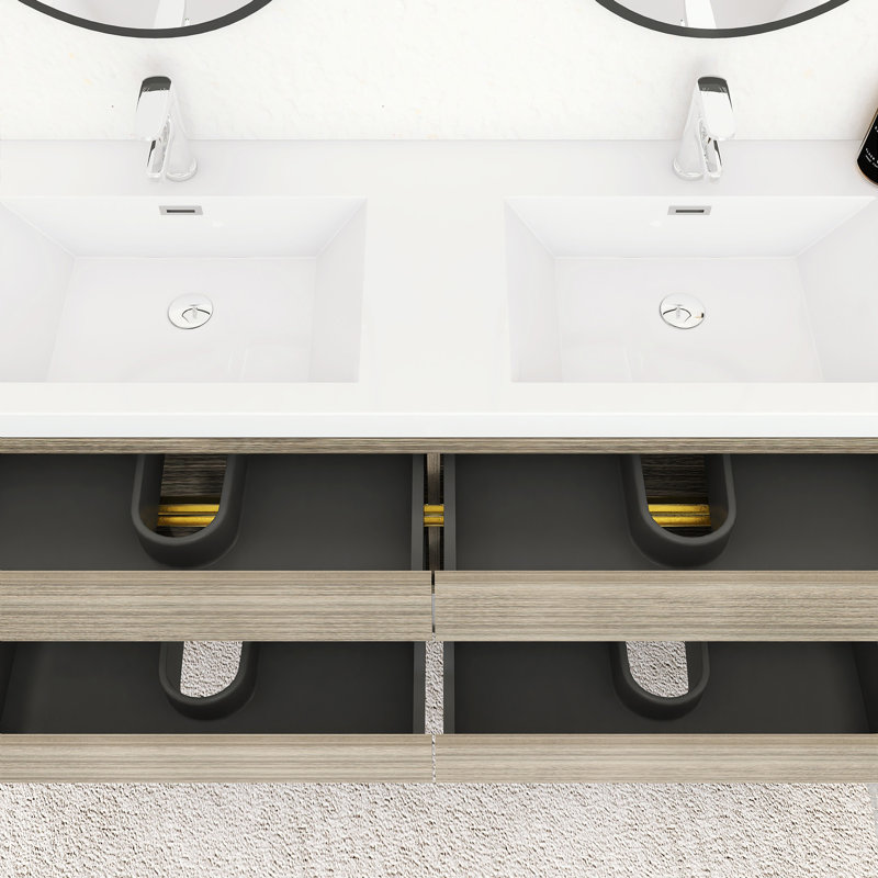 Ensemble de meuble-lavabo mural 60 po avec double lavabo double en résine, Bois de frêne gris, 60"