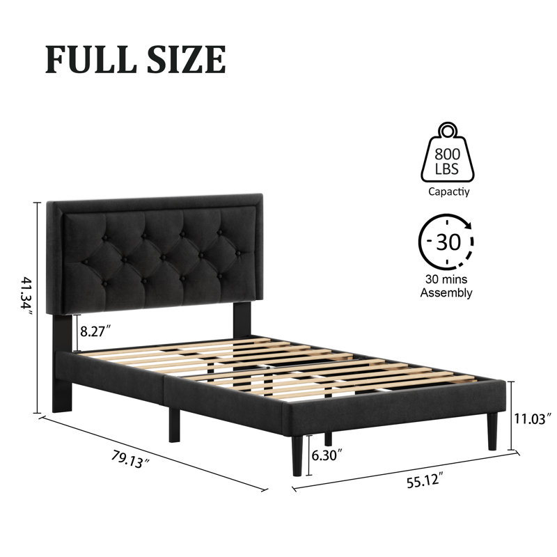 Mauriciu Platform Bed Frame with Button Tufted Headboard and Wooden Slats Support, Full, Black