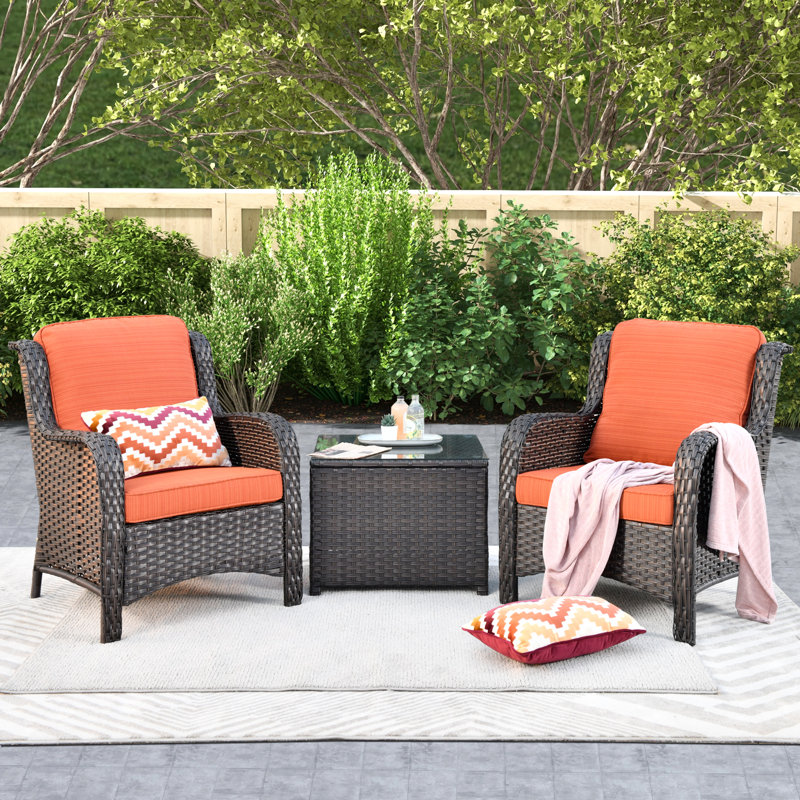 Ensemble de patio 3 pièces en osier / rotin avec coussins Thala, Brun, Orange-rouge