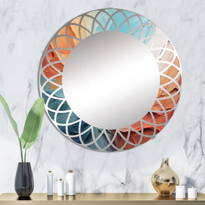 Teal Orange Bold Abstract Flow Collage I - Miroir mural rond moderne, 32 po x 32 po