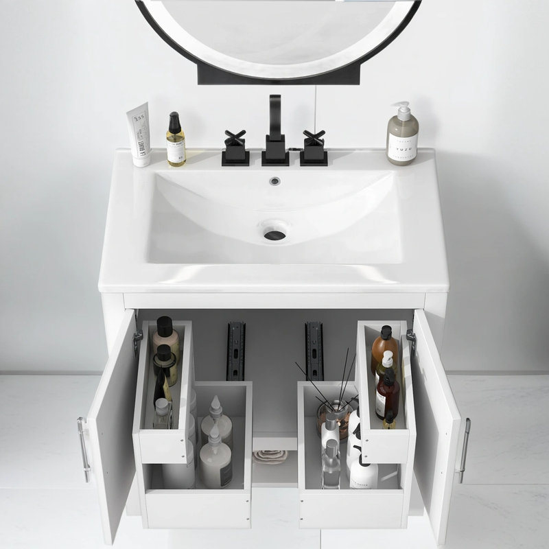 Meuble-lavabo à structure solide de 30 po, panneau de fibres à densité moyenne, lavabo inclus, Blanc