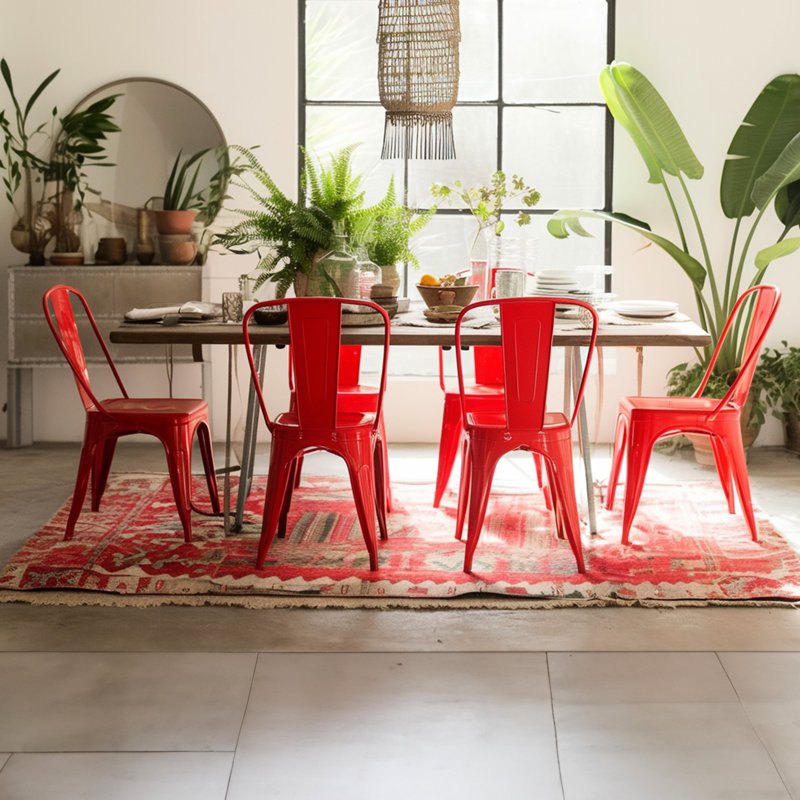 Lot de 2 chaises de salle à manger industrielles en métal rouge brillant, empilables pour intérieur et extérieur, hauteur d'assise de 45,7 cm, légères et faciles à assembler, design moderne.