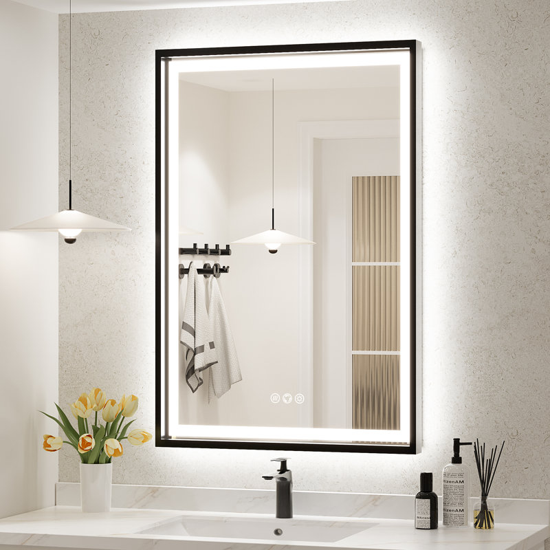 Miroir de salle de bain super lumineux, 36 po x 24 po, Noir, noir, noir, noir